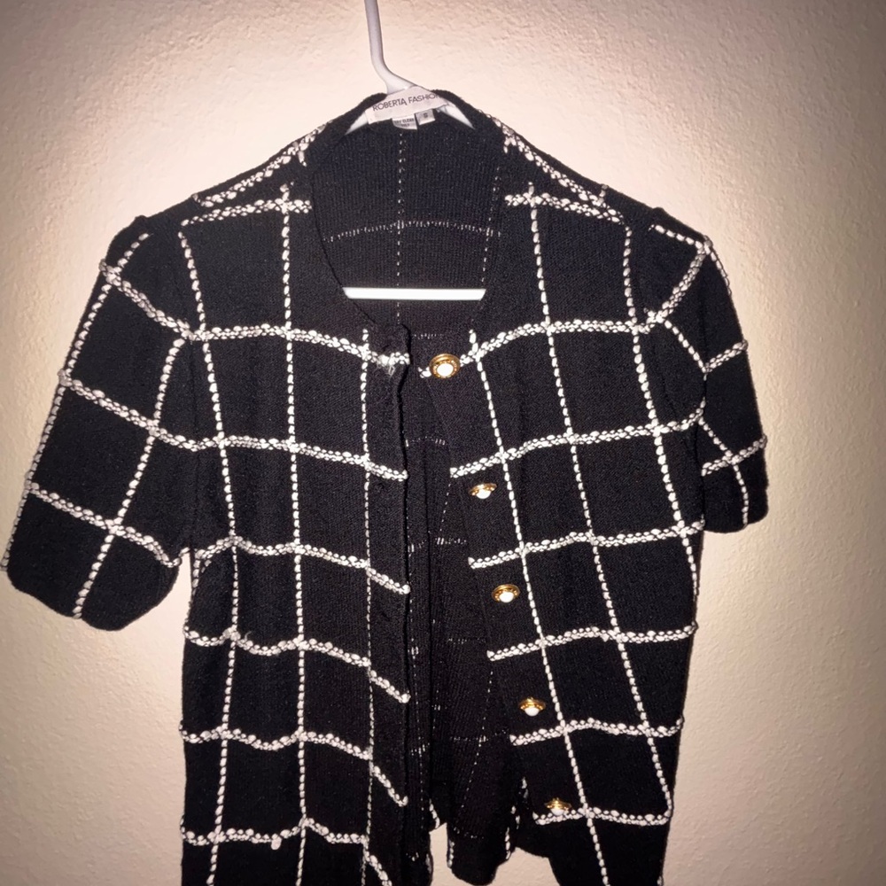 Black and White Checkered Cardigan with Gold Buttons